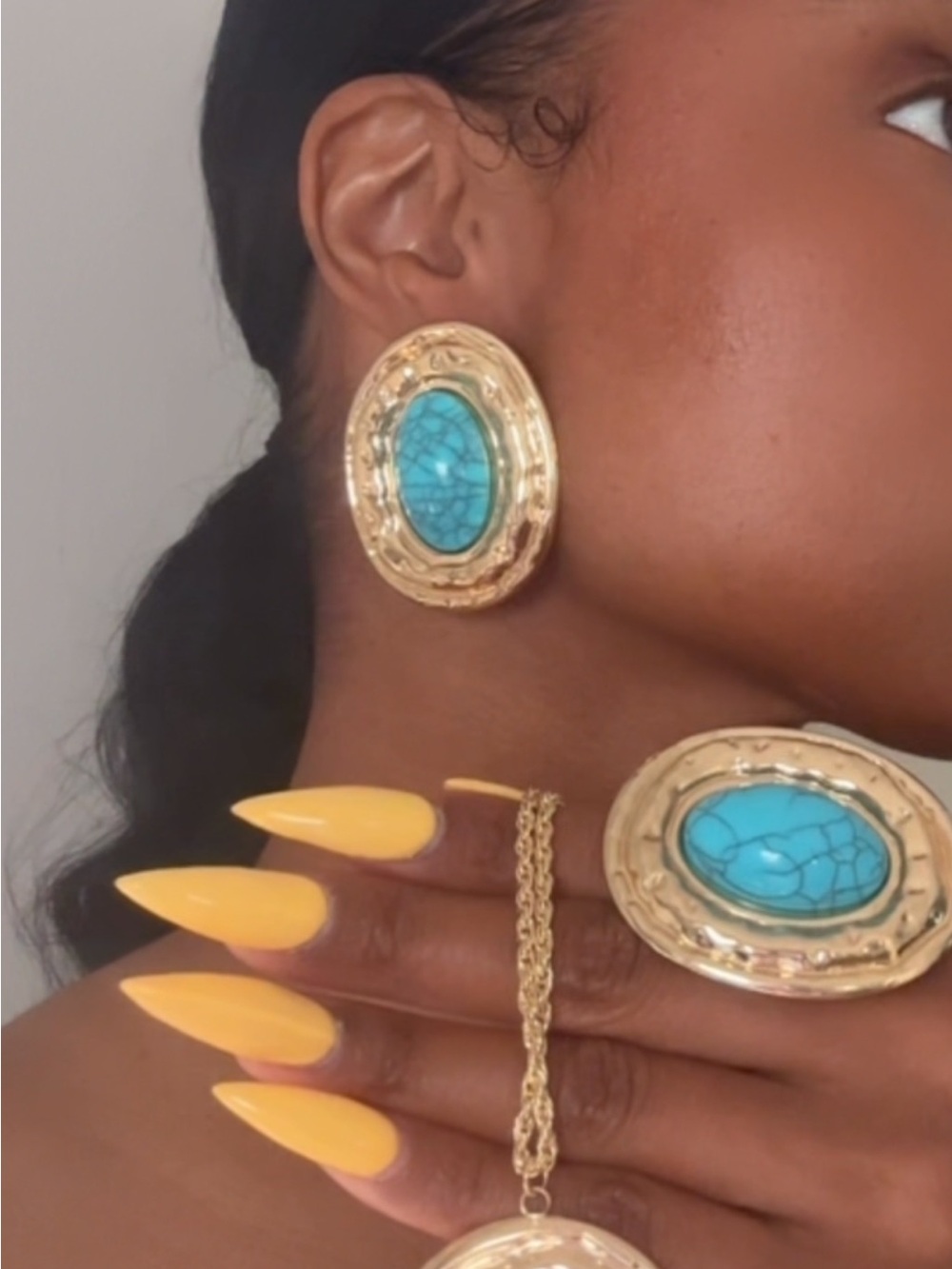 Gold-Tone Turquoise Oval Statement Earrings Set